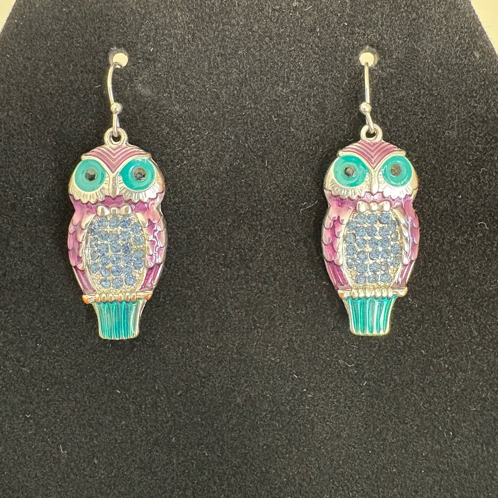 Vintage Enamel Purple and Teal Blue Owl Earrings - Picture 1 of 4